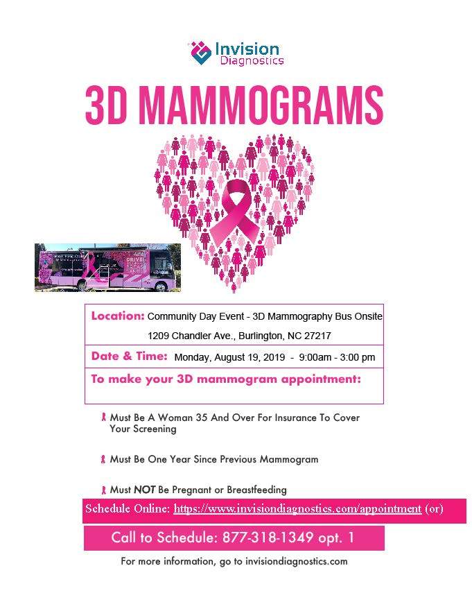 Informational flyer that includes details on 3D mammogram event. 