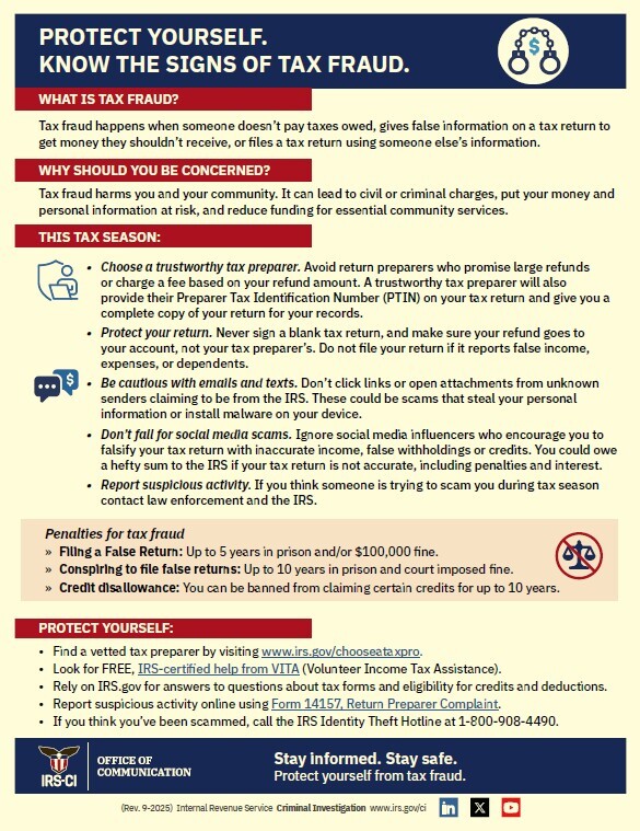 2025 Tax Fraud flyer. All information on this flyer is listed above.