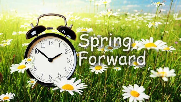 Spring forward. An alarm clock in a field of daisies.