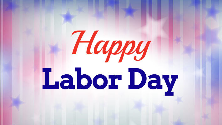Happy Labor day written on a red, white and blue background.