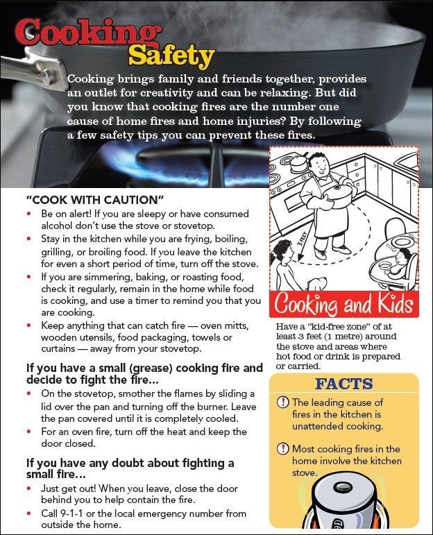 Flyer for Cooking Safety. All Information as listed below.